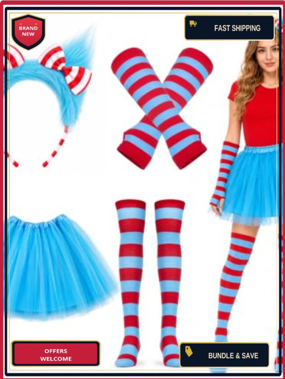 Tulle Tutu Costume Set Fuzzy Headband Socks Arm Sleeves Cosplay